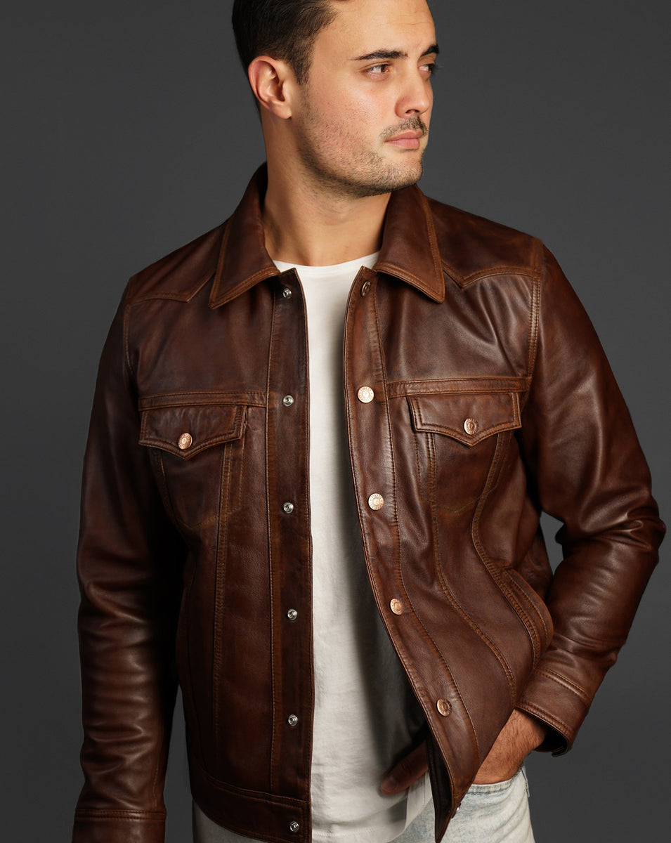 Mens Brown Washed Off Trucker Leather Jacket by Finest Leathers